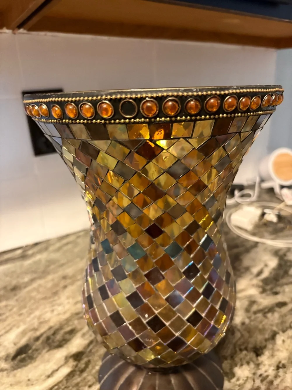 Partylite Mosaic Glass Hurricane Vase - Amber Mosaic Accent